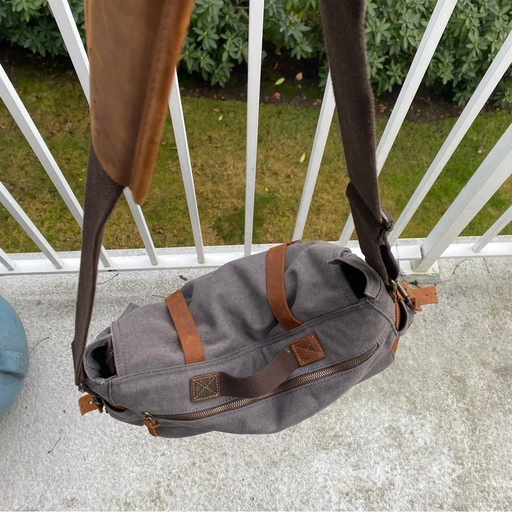 Lifewit Brown Canvas & Leather Satchel Messenger Cross Body Shoulder Bag Grey